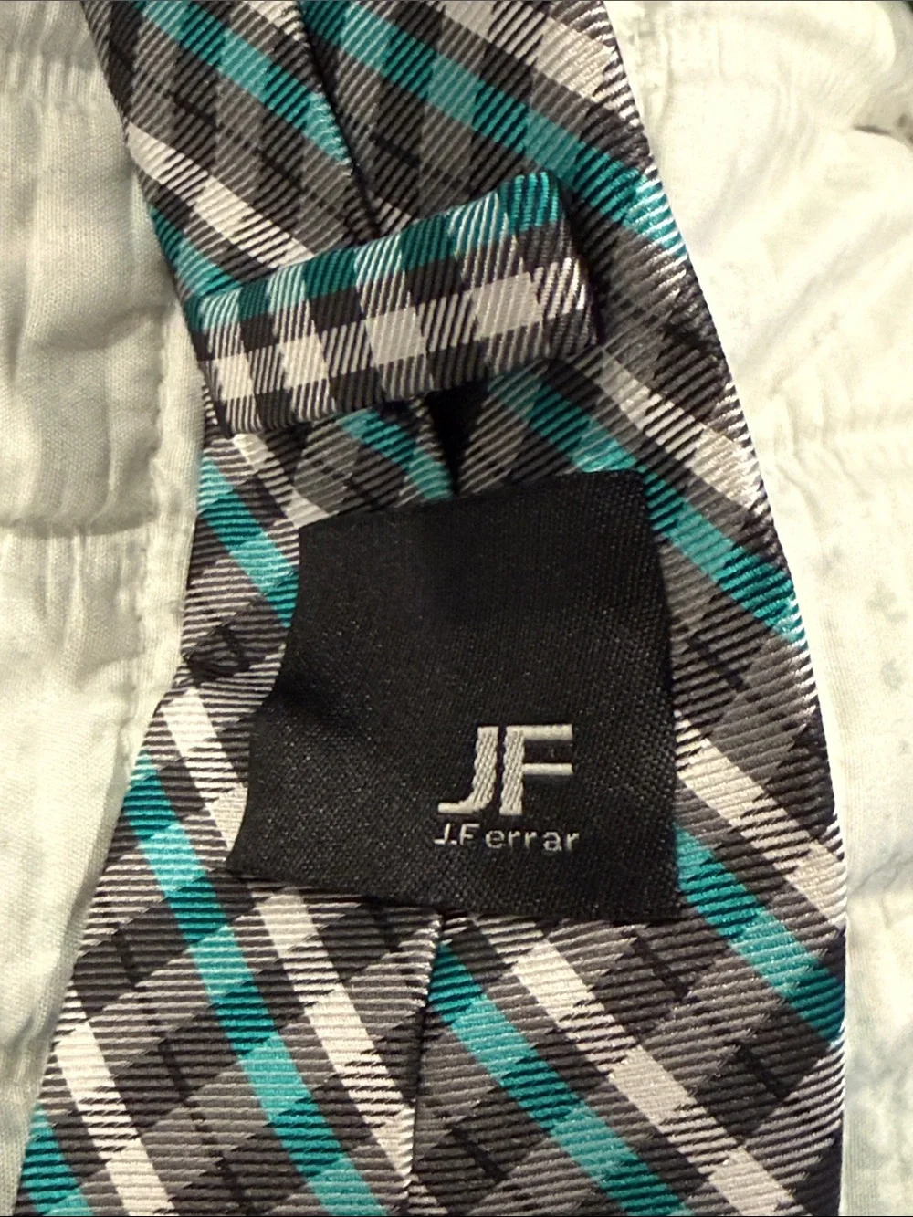 jf j.ferrar Plaid Tie in Black, Gray, White, Teal